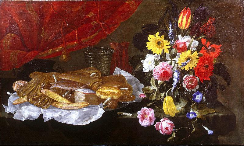 Giuseppe Recco A Still Life of Roses, Carnations, Tulips and other Flowers in a glass Vase, with Pastries and Sweetmeats on a pewter Platter and earthenware Pots, on oil painting image